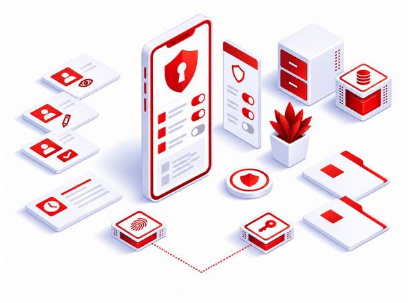 App mit Schutzschild, Fingerabdruckleser, Berechtigungskarten und getrenntem Datenspeicher