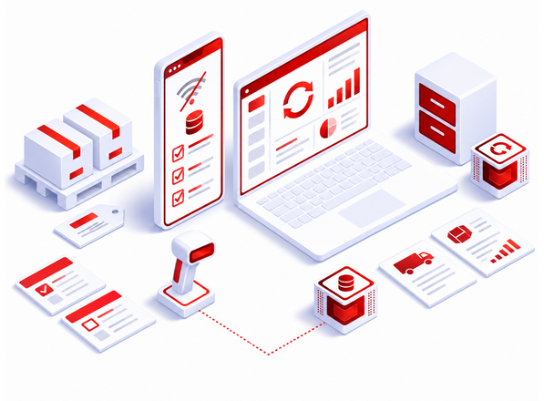 Smartphone zur Offline-Erfassung im Lager mit Scanner, Datenspeicher und synchronisiertem Unternehmenssystem
